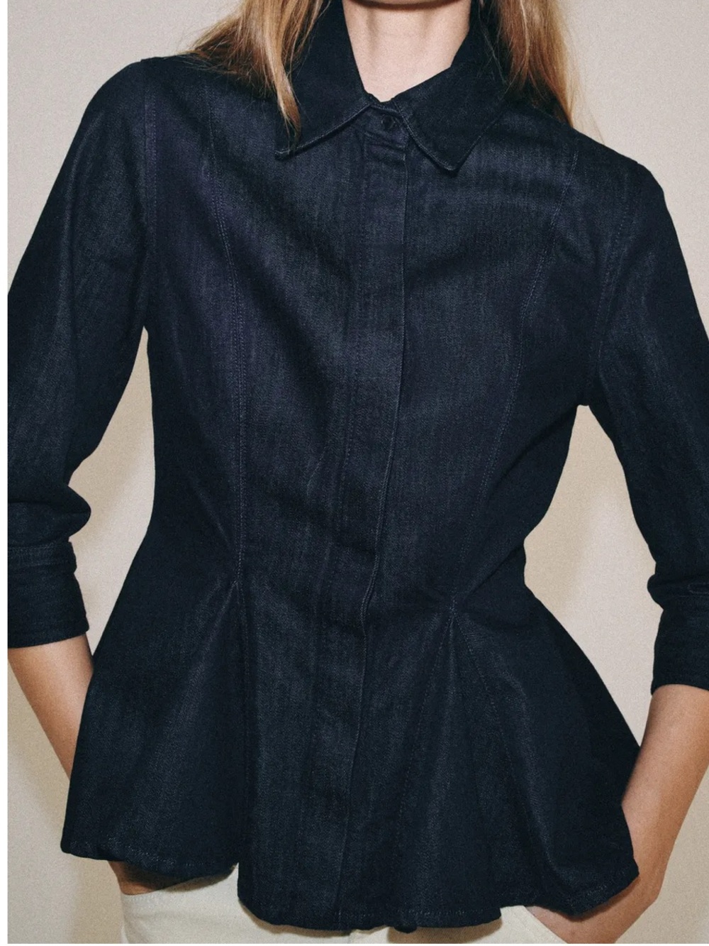 Dark Blue Denim Peplum Button-Down Shirt